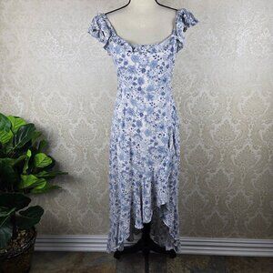 Altar'd State Size Medium Blue White Floral High Low Dress Ruffles Scoop Neck